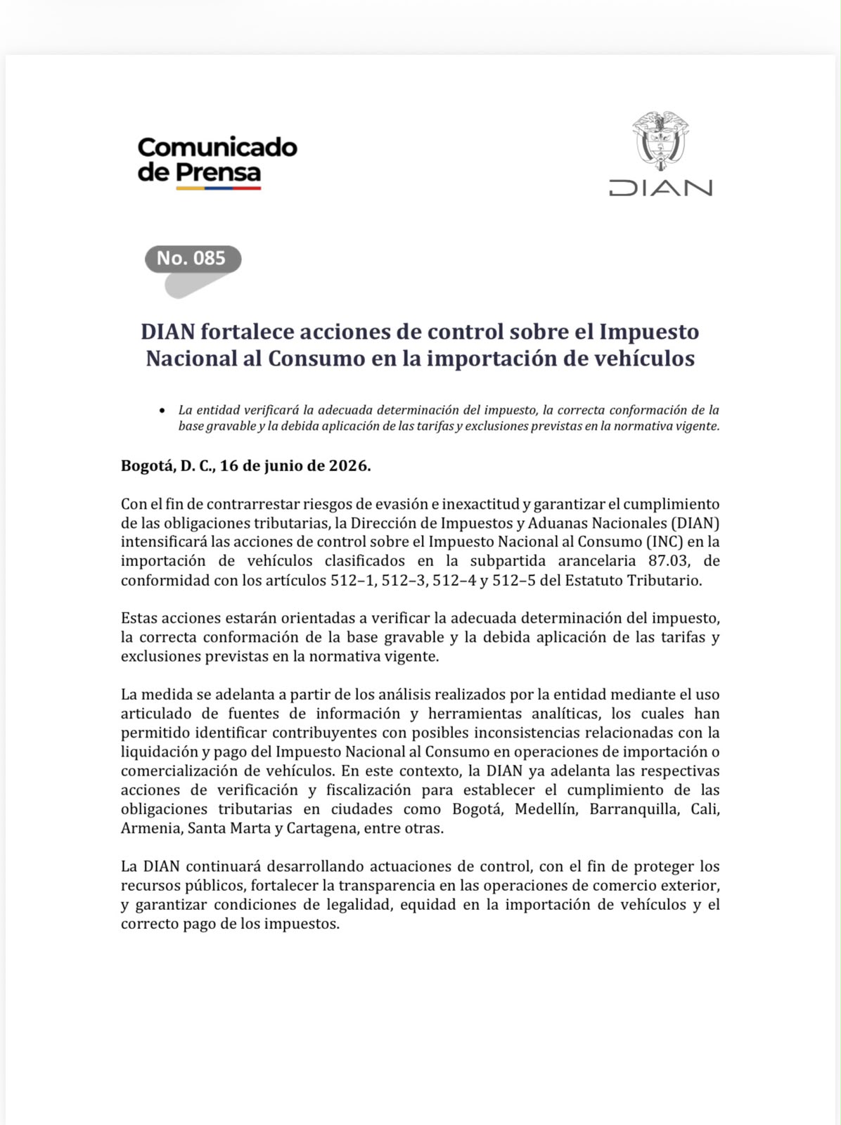 Comunicado de Prensa No. 085 de la DIAN sobre el control al Impuesto Nacional al Consumo en la importación de vehículos